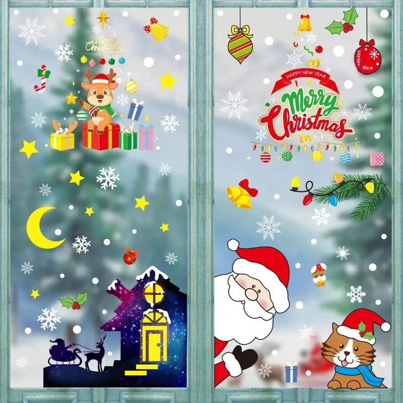 Merry Christmas Static Window Cling Stickers 4/9 Sheets Snowman Reindeer Santa Xmas Tree Home Decor Supplies