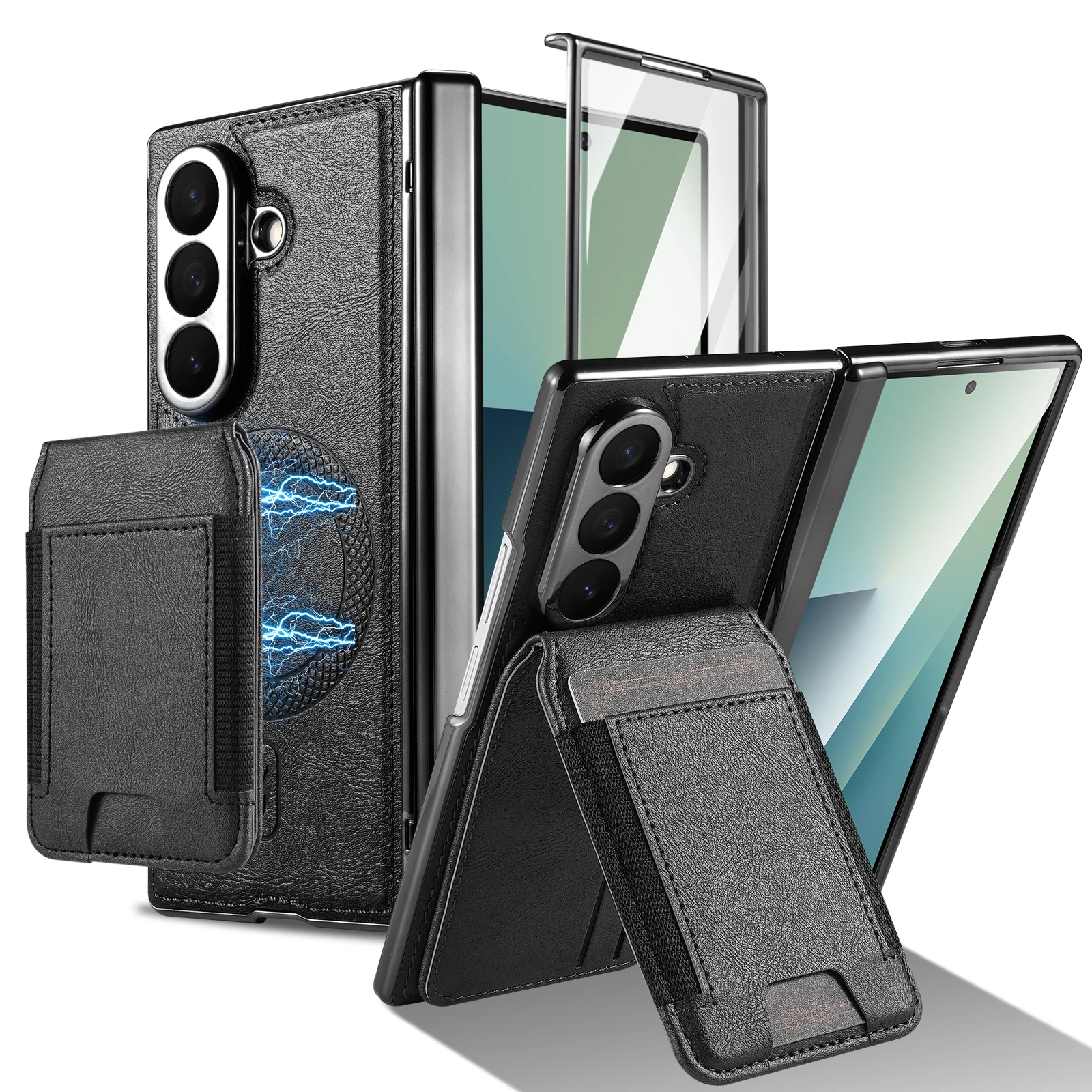 

For Samsung Galaxy Z Fold 7 6 5 4 3 2-in-1 Magnetic Card Holder Wallet Phone Case Outer Screen Glass Film Hinge Shockproof Cover
