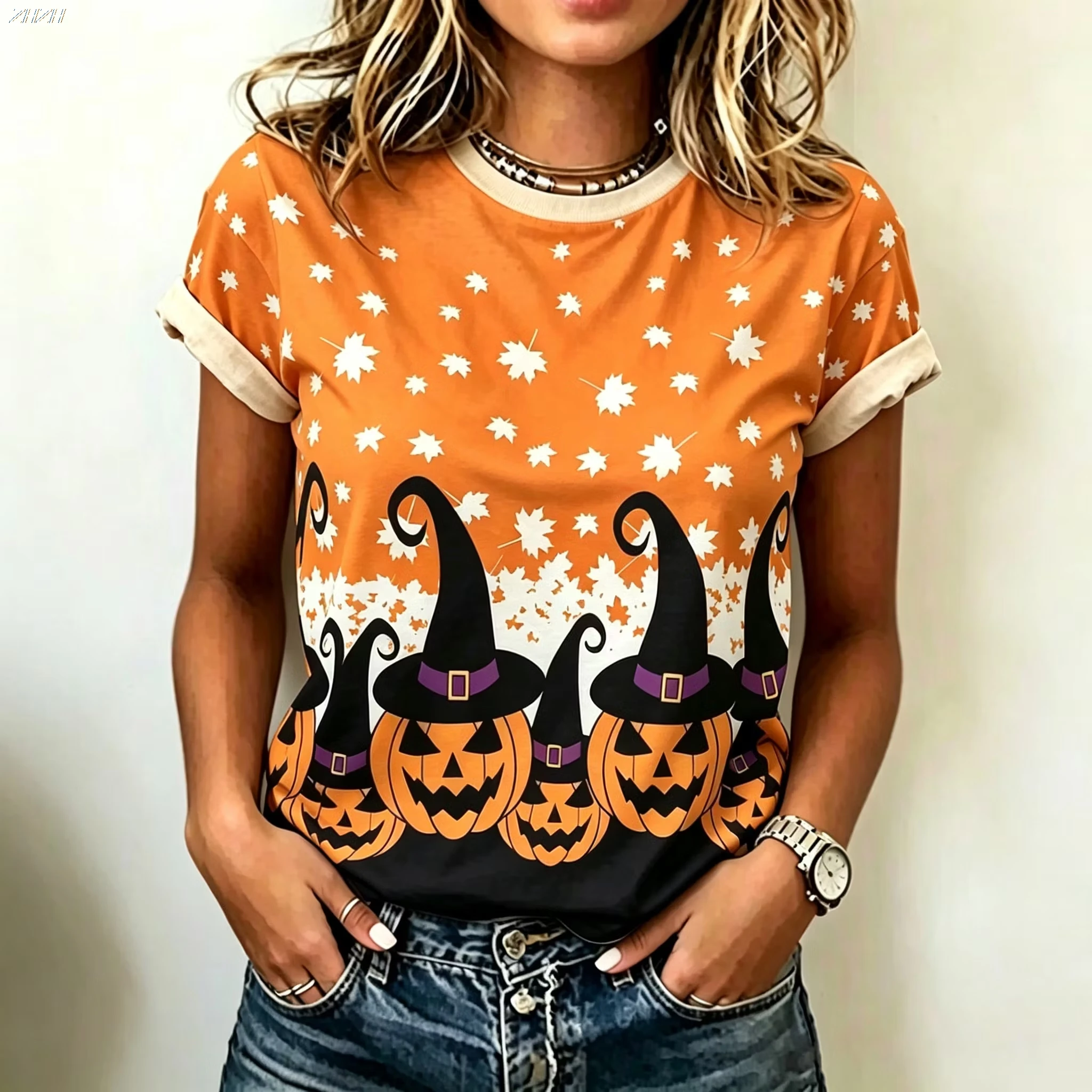 Women Halloween Pumpkin Witch Hat Maple Leaf Print T‑Shirt Casual Short Sleeve Crew Neck Top Fall Festival Party Tee