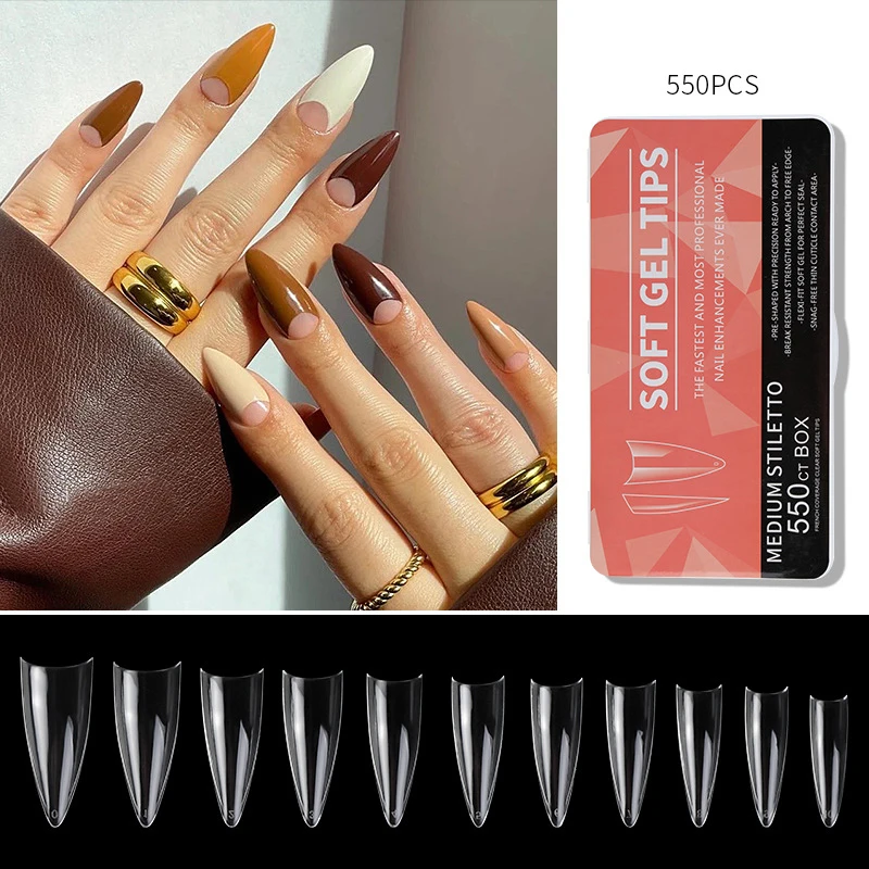 440/550pcs Clear Acrylic Long Fake Nails Capsules Almond French Coffin Full Half Cover False Nails Artificial Nail Soft Gel Tips