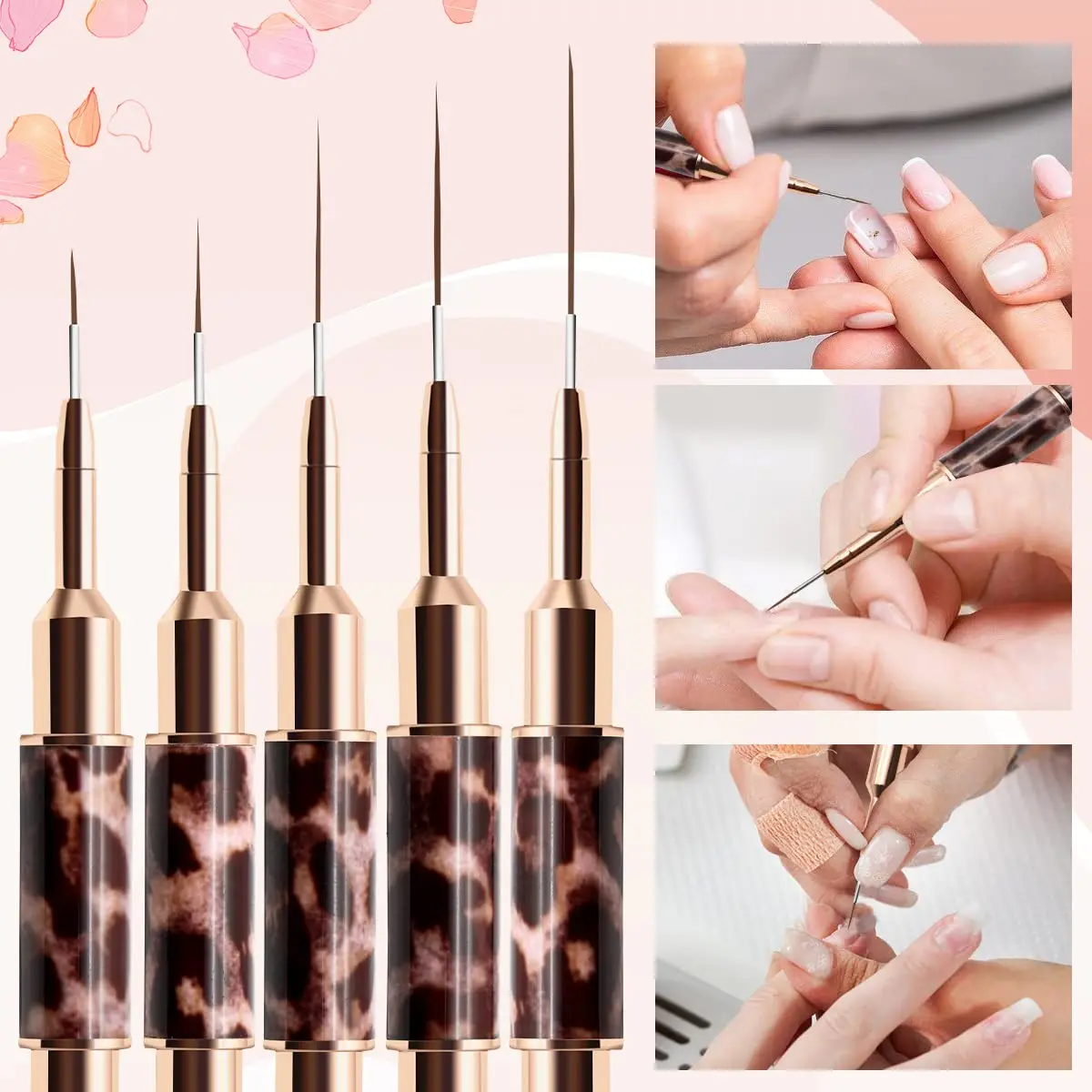 5Pcs Leopard Liner Brush for Nails Double-Ended Nail Art Liner Brush 5 Length Size Metal Handle Professional Nail Design Brush