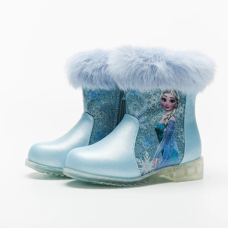 Disney Princess Girls Frozen Elsa Winter Snow Boots Pink Blue Shoes For Girls Non-slip Warm Shining With Fur Shoes size 25-35