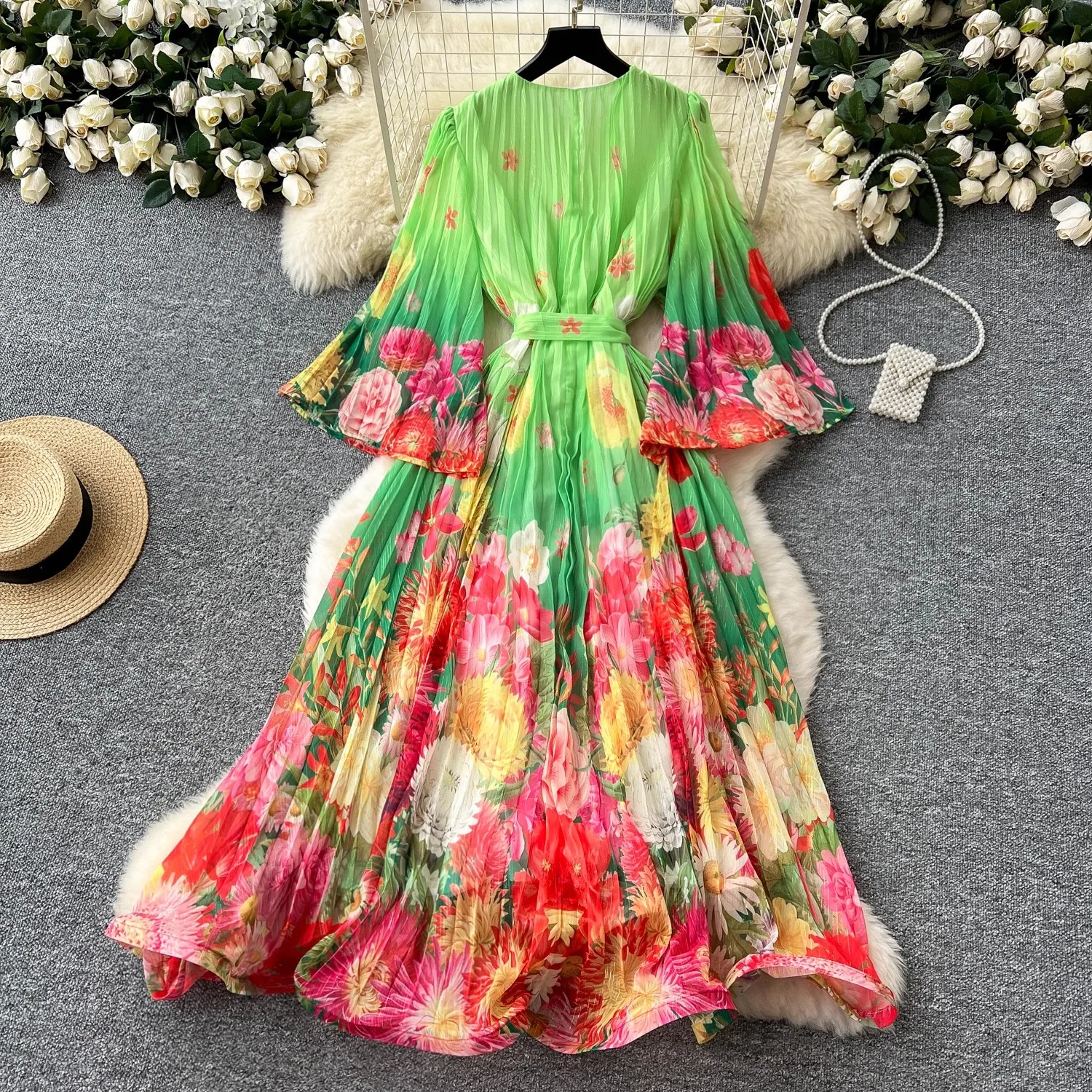 2025 New Spring Summer V Neck Flare Sleeve Print Flower High Quality Shaped Waves Pleated Loose Casual Party Boho Dresses