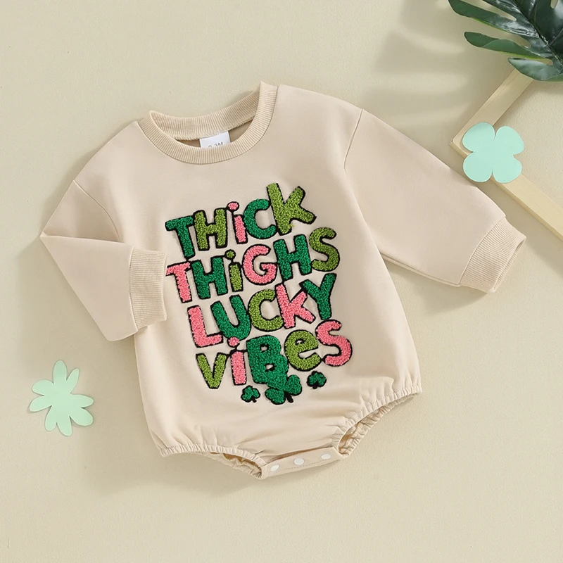 Infant Girls Fall Jumpsuit with Long Sleeves Crew Neck Embroidered Letters and Casual Sweatshirt Style Romper