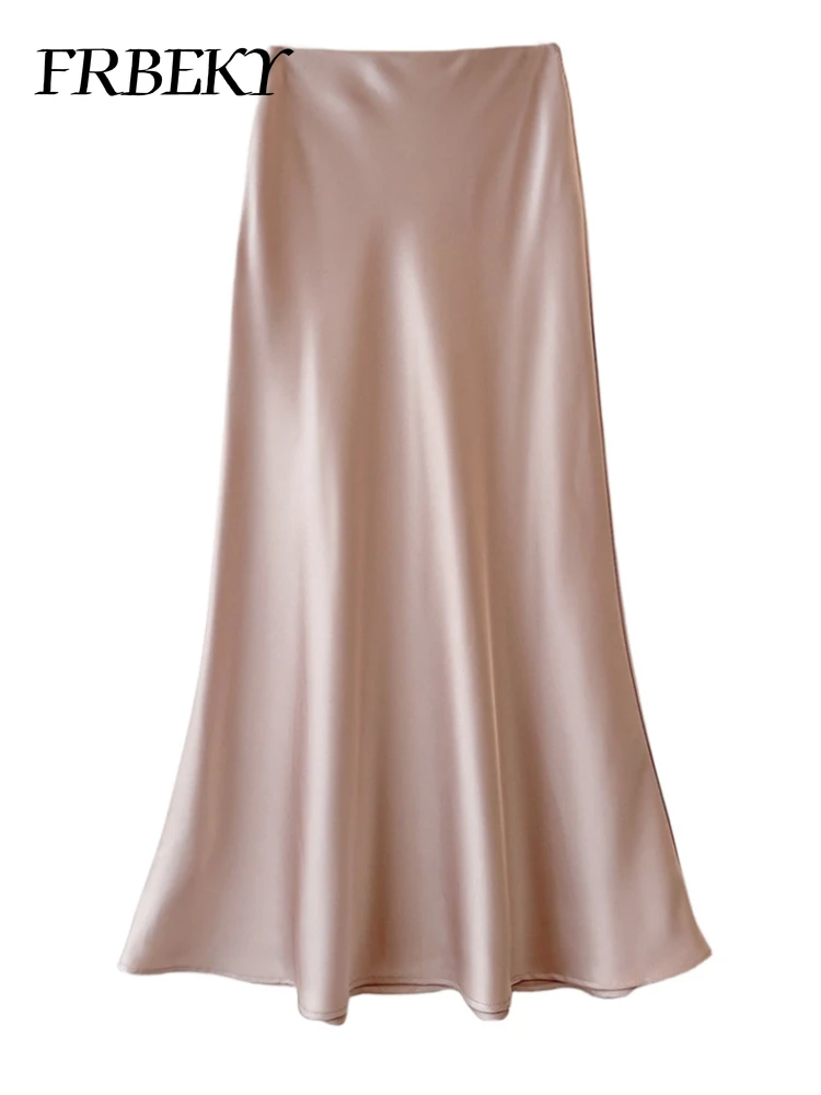 Falda larga de medio cuerpo de satén para mujer, cintura alta, sección delgada, paquete de Color puro, cola de pez a la cadera, nueva