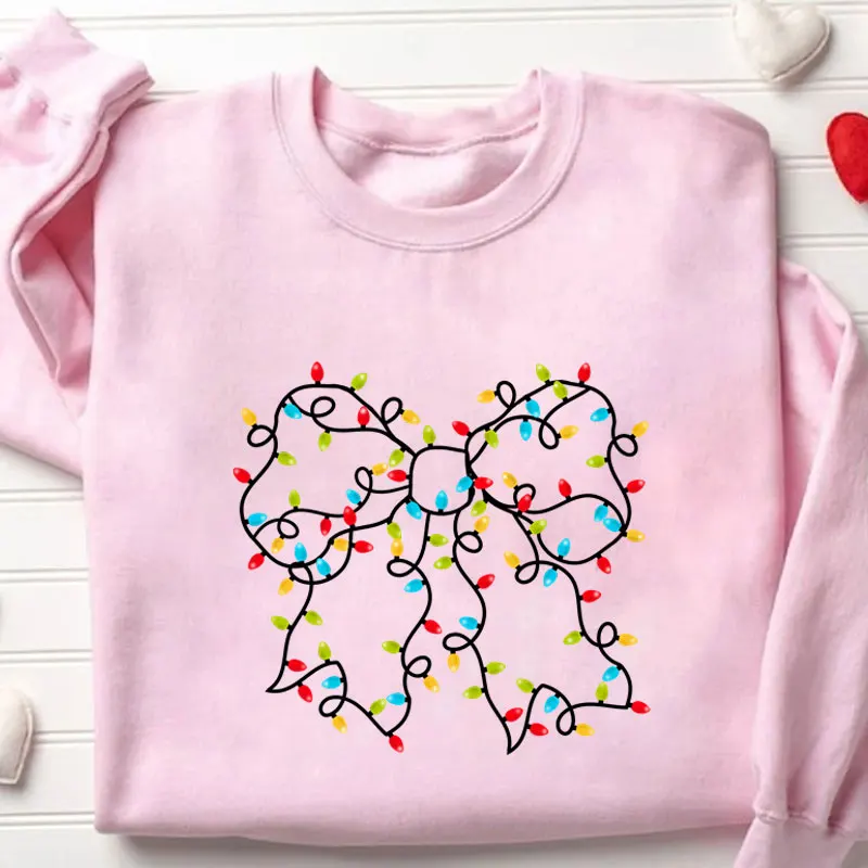 Christmas Lights Coquette Bow Print Womens Sweatshirts Long Sleeves Warm Pullover Clothes Pink Bow Oversized Hoodies Sweatshirts