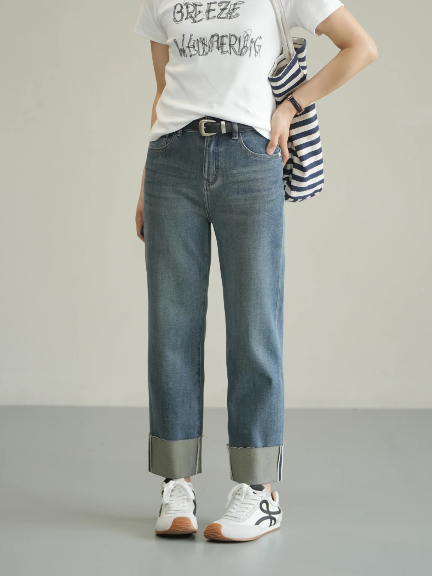 

Женские весенние модные джинсы с высокой талией, прямые, с отворотами, эластичные, повседневные, укороченные (7/8), универсальные, комфортные