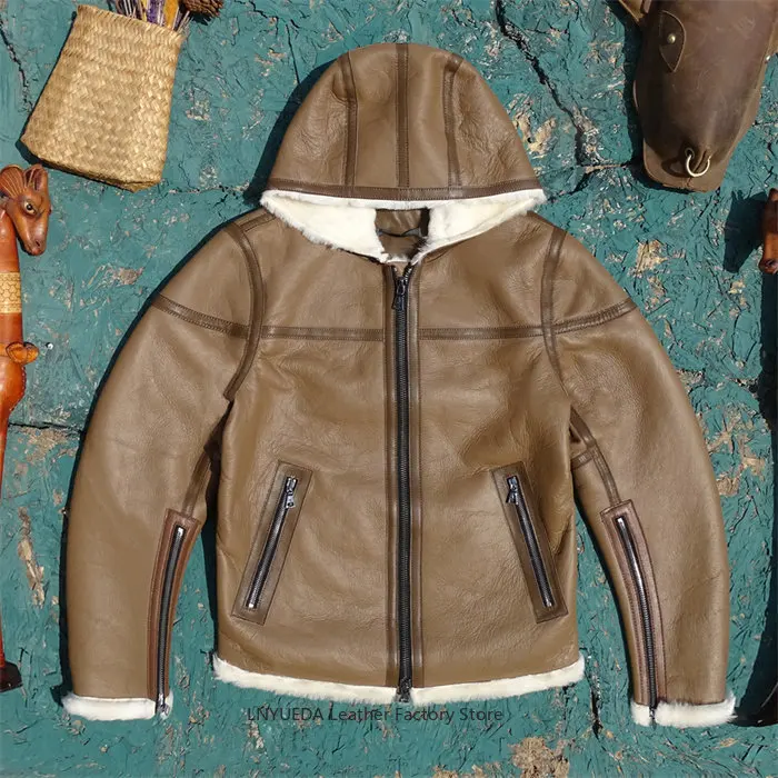 Winter Warm Hooded Leather Coat Men Thick Khaki Brown Sheepskin Shearling Genuine Leather Jacket