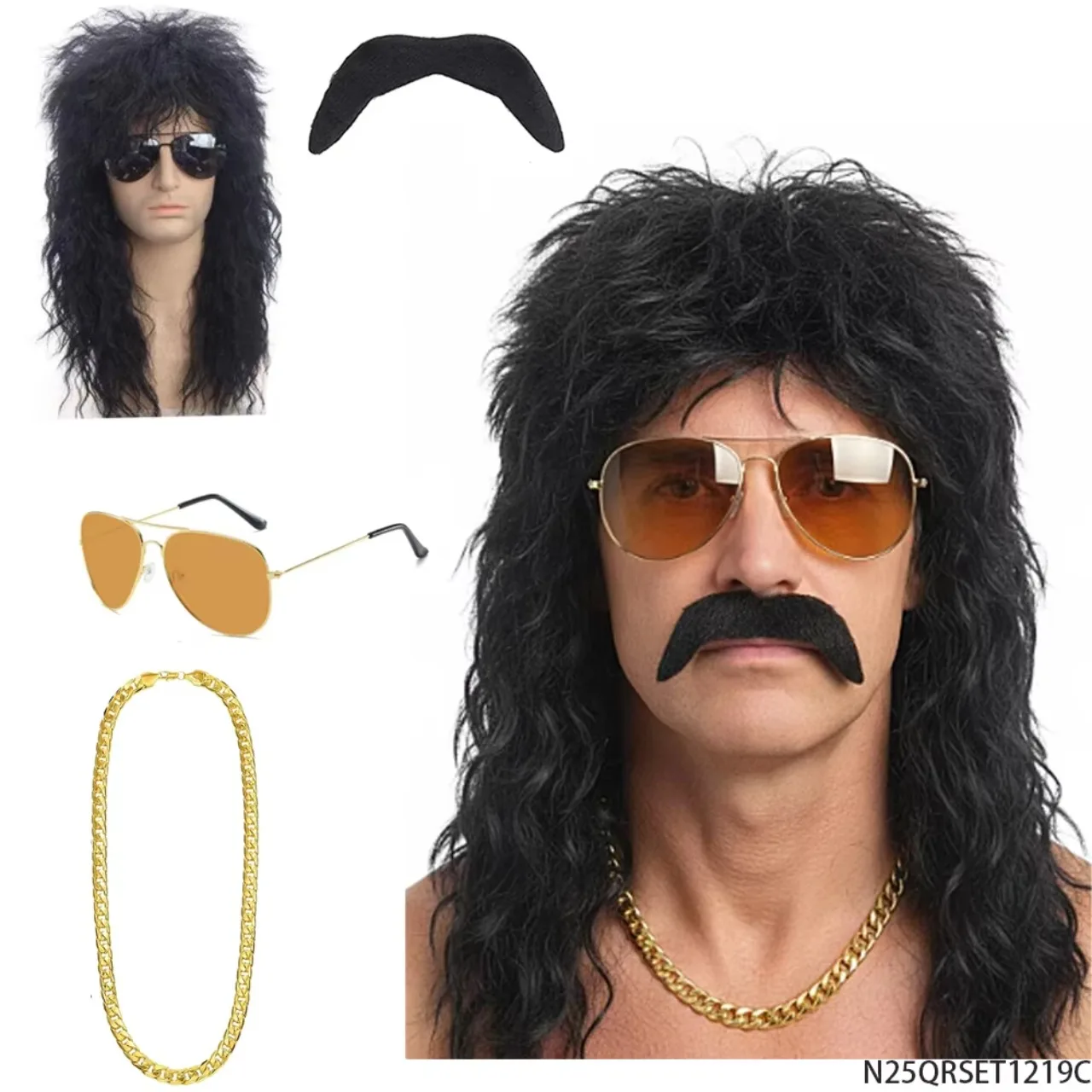 PESENAR 90s Retro Rock & Hip Hop Costume Set Long Wig Mustache Sunglasses Gold Chain Party Accessory
