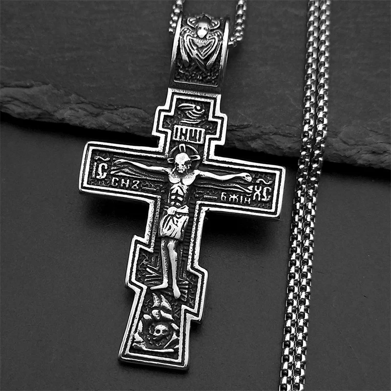 

Orthodox Icon Cross Statue Crucifix Pendant Necklace for Women Men Stainless Steel Silver Color Male Chain Necklaces Jewelry