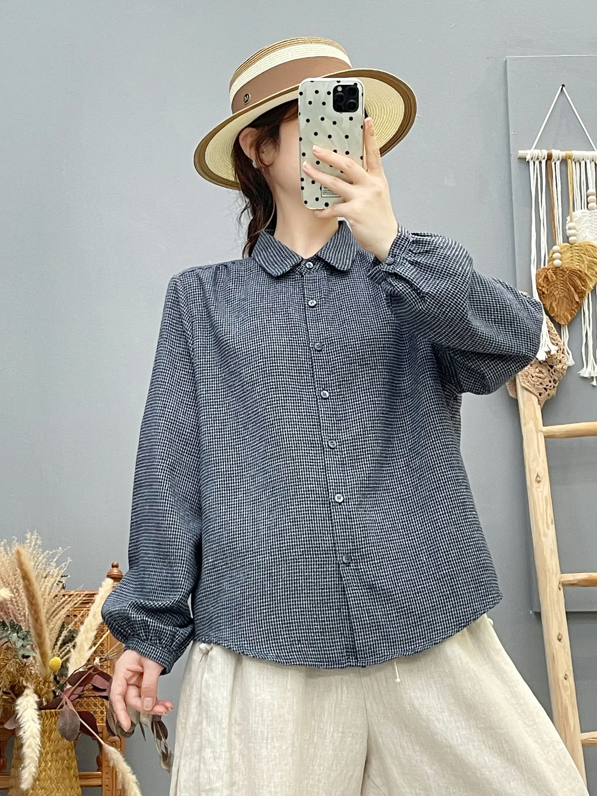 

Cotton Yarn Women's Plaid Shirts Middle Aged Women Clothes Casual Vinatge Casual Black White Checkered Blouses