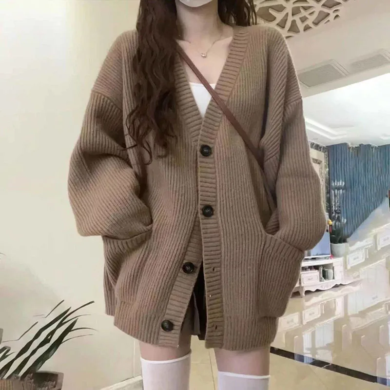 

Autumn Winter Women Cardigan Sweater Simple Warm Korean Coats Leisure Knitted Loose Pockets Design V-Neck Long Sleeve Jackets