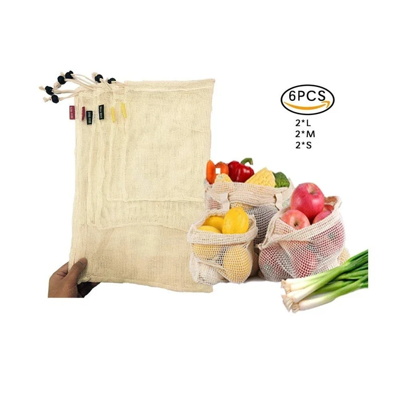 Bolsas de algodón reutilizables para verduras, bolsas de malla con cordón para el hogar, almacenamiento de frutas y verduras, ecológico, 6 piezas