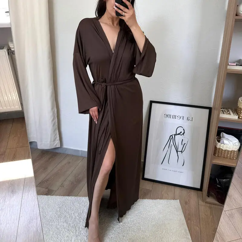 Women New Knit Long Robe Solid Color Comfy Bathrobe Homewear Loose Kimono Nightgown Gown Casual Belt Loungewear Dressing Gown