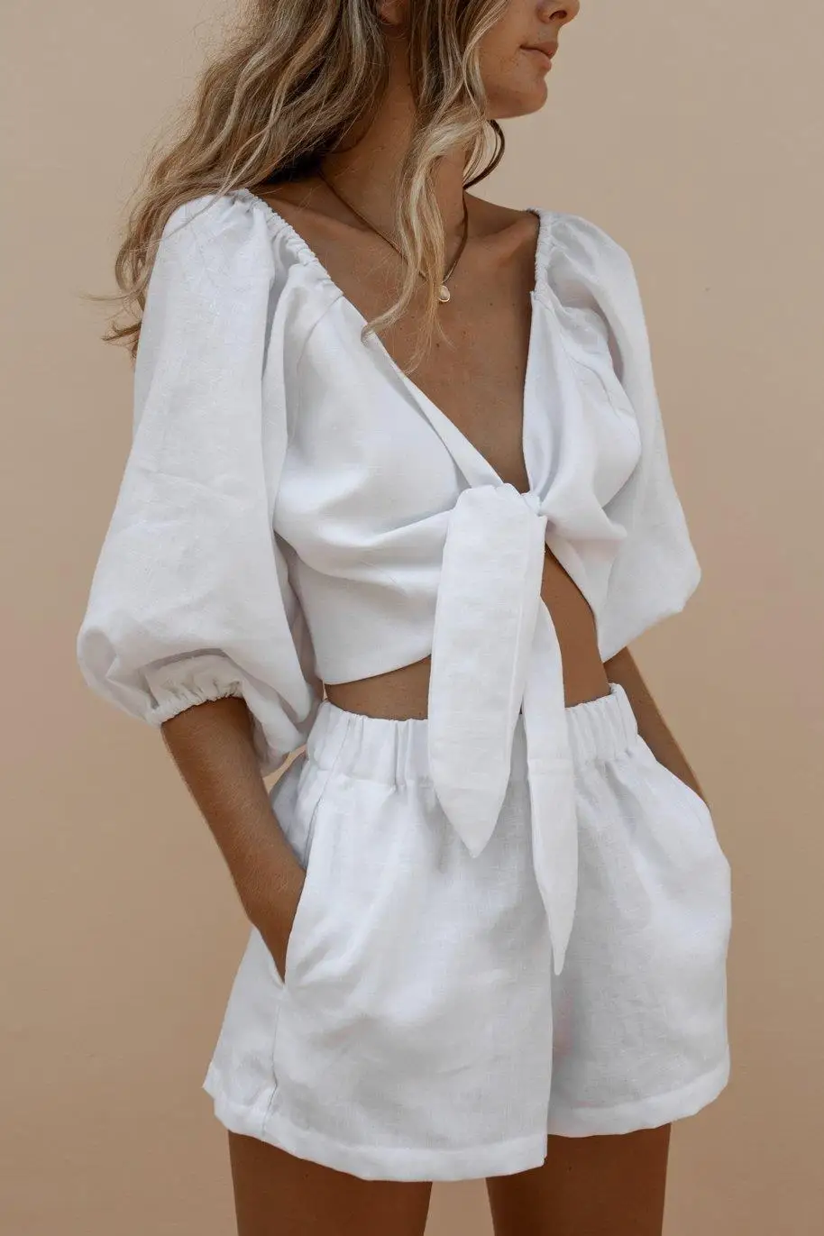 

Women Shorts Two Piece Set V Neck Puff Sleeve Shirt Cardigan Lace Up Elastic Waist Short Sets Elegant Lady Streetwear Suit