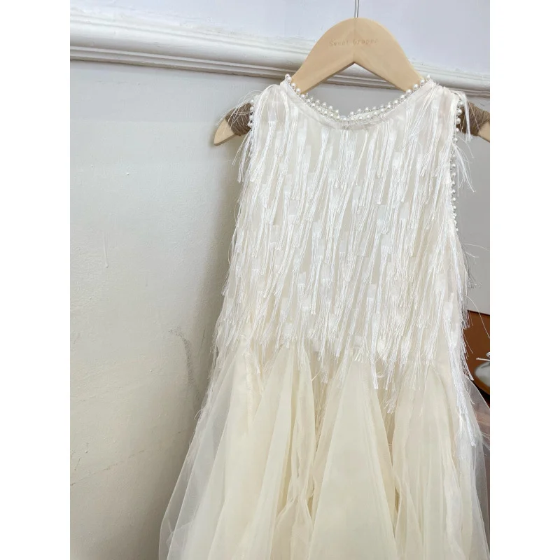 Baby Girls Tassel Mesh Dresses Fashion Beading Princess Dress Kids Fashion Sweet Party Gown Ball Sweet Sleeveless Clothes 2-10Y