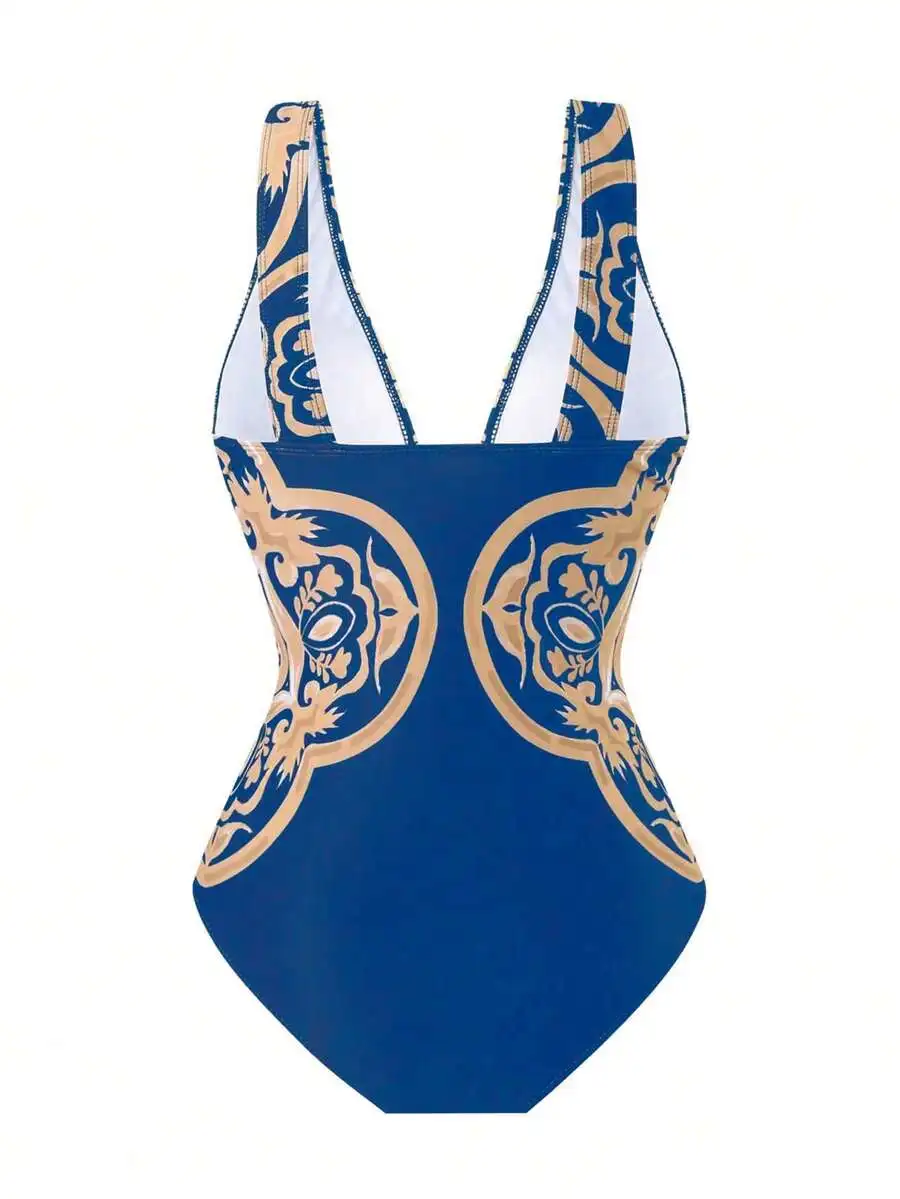 Women Printed One-Piece Swimsuit With Skirt Mesh Pants Beach Resort Casual Summer