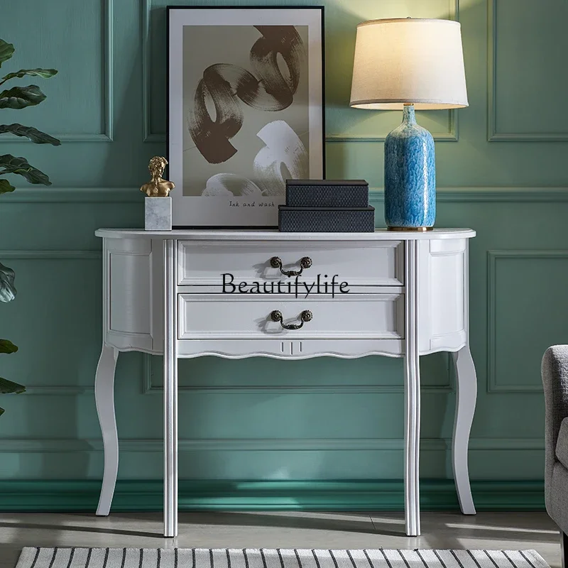 

ls 27American solid wood white semi-round entrance table Modern home wall curved decorative table