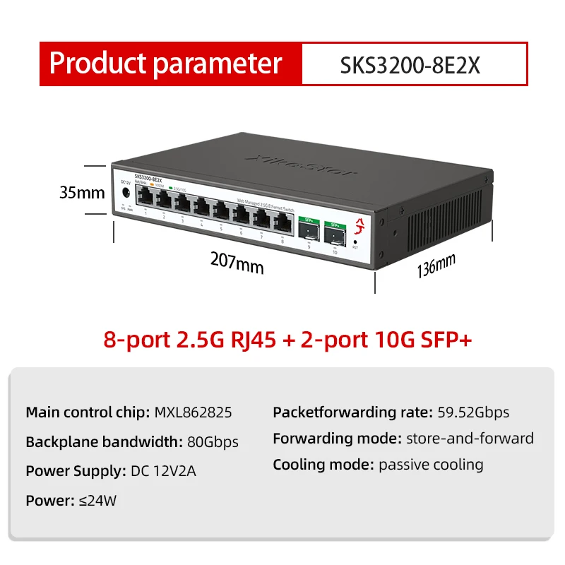 XikeStor Simple L2 10 Ports Managed Switch Etherent with 8-Port 2.5G RJ45 & 2-Port 10G SFP Port