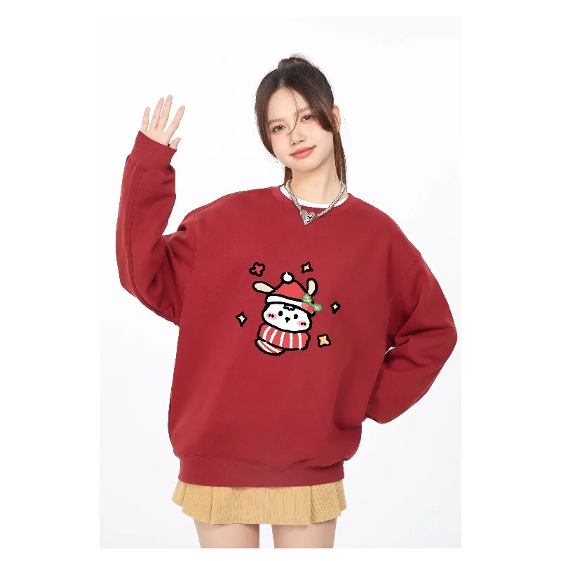 

New 2025 Christmas Rabbit 3D Printed Round Neck Hoodie Warm and Velvet Long Top Trendy Couple Style