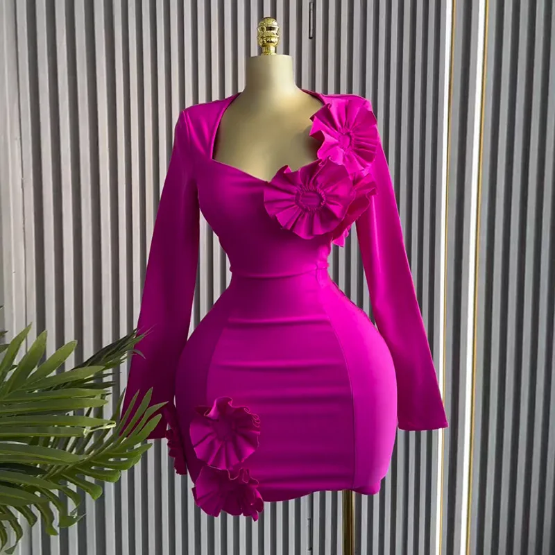Sexy Birthday Evening Night Party Club Vestidos Dresses Women Strapless Mult 3D Flower Long Sleeve Bodycon Mini Dress