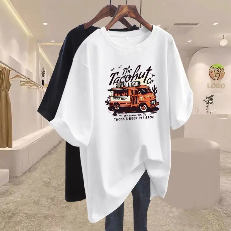 

Women's Bus Printed Loose Pullover Summer Crew Neck Short Sleeve Pure Cotton Casual Simple Basics Top Tee Lady M-6xl Tee Shirt