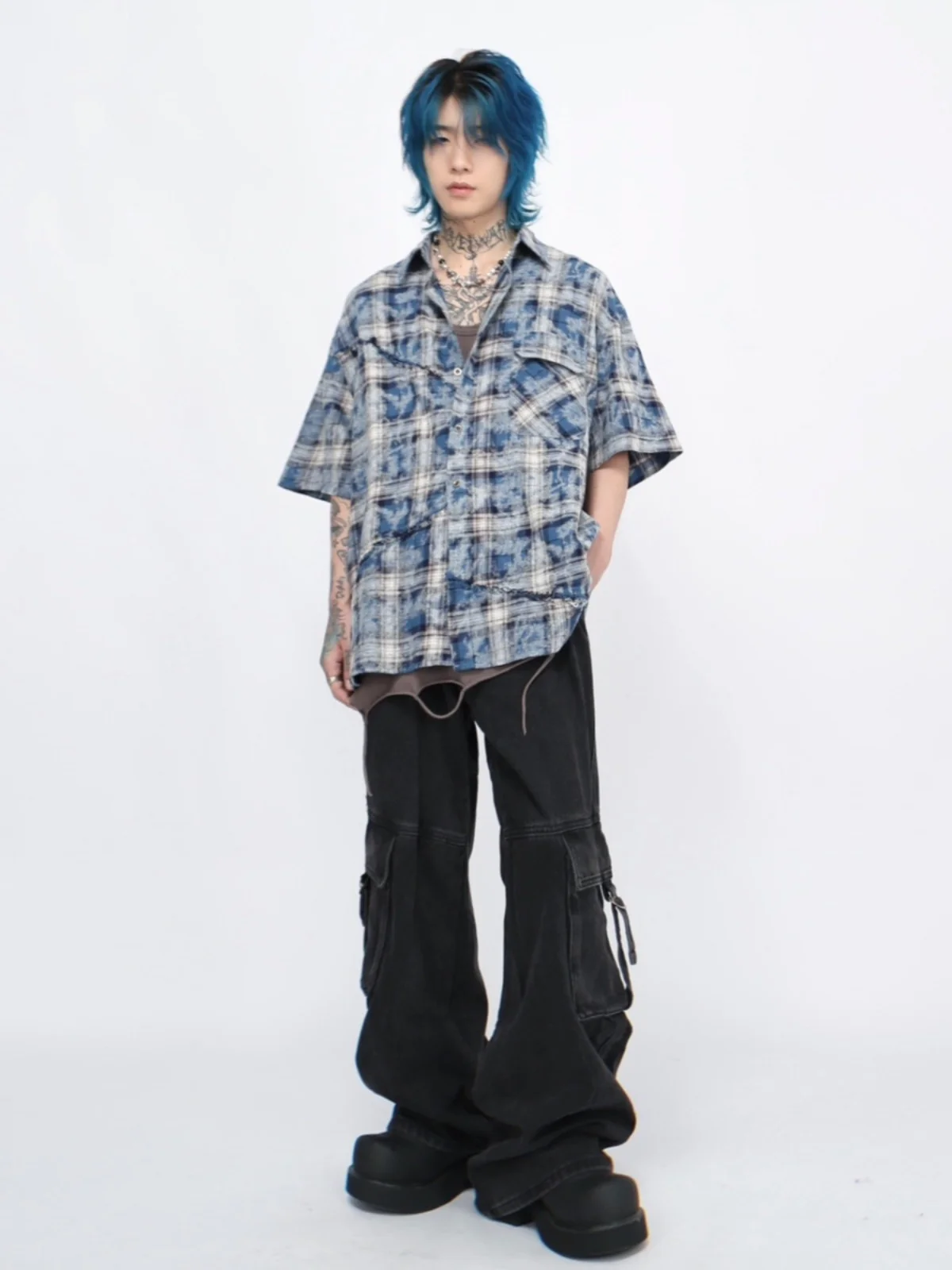 2025 Summer American High Street Tie-Dye Patchwork Blue Plaid Short Sleeve Shirt Men Single-Breasted Loose Casual Shirt