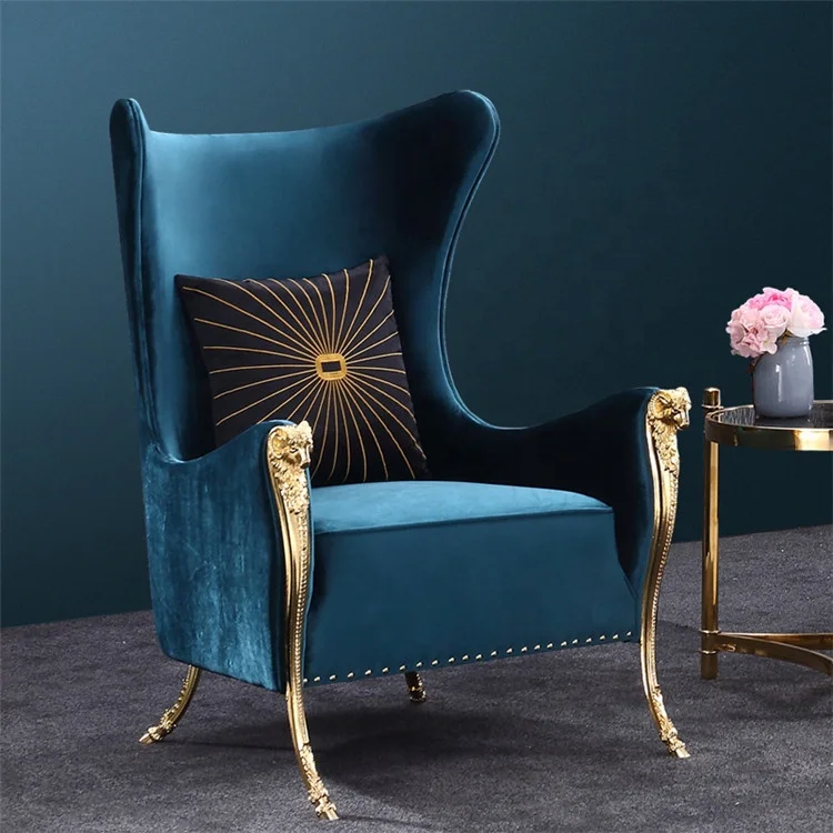 Luxury Single Copper Chrome Gold Rams Head High Back Accent Chair Fancy Leather Velvet for Home Hotel Use for Living Room