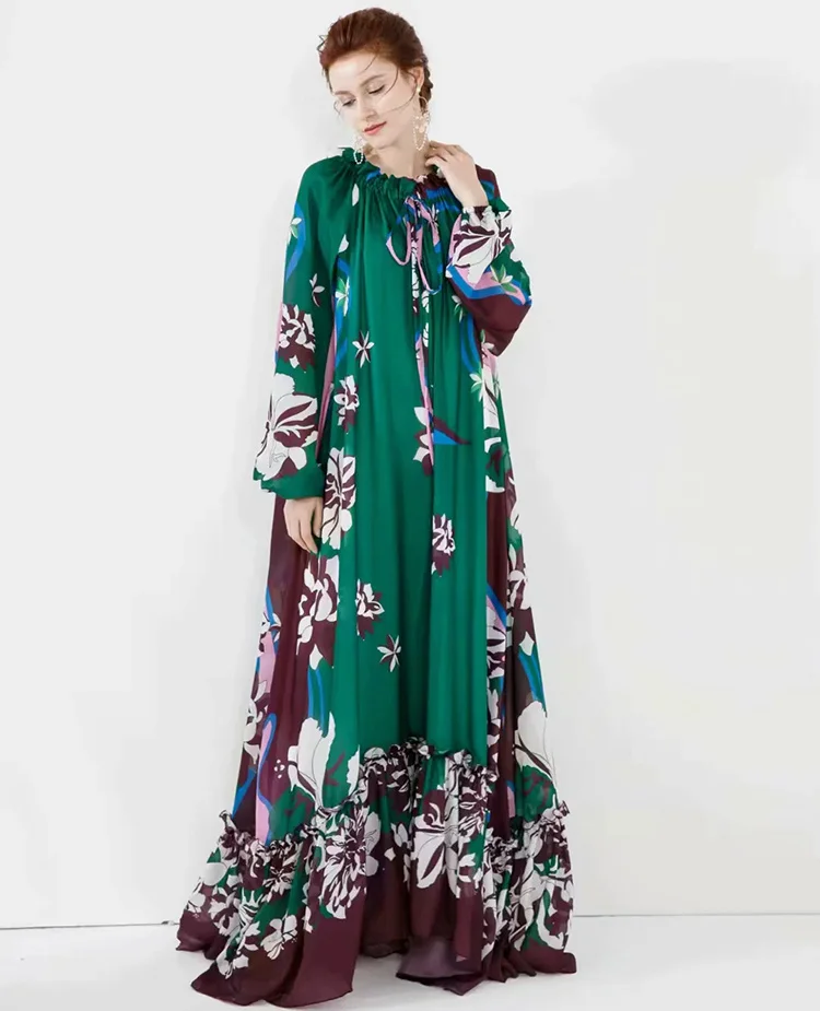 

New Fashion Designer Spring Summer Women Lantern Sleeve Floral-Print Loose Noble Elegant Maxi Dresses