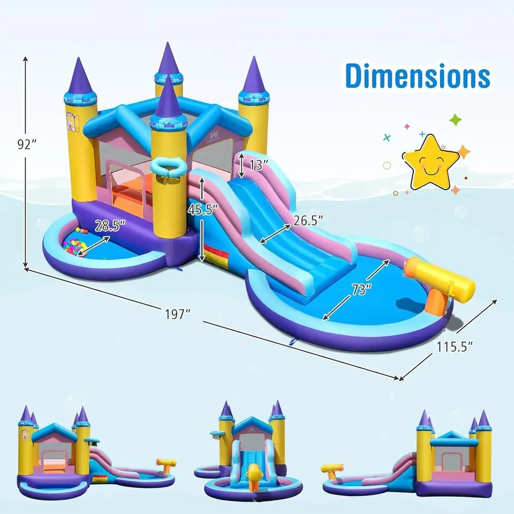 Tobogán de agua Iatable, tobogán de agua 2 en 1 Castle Bounce House con piscina de bolas y piscina contra salpicaduras para diversión al aire libre para niños, Ca hinchable