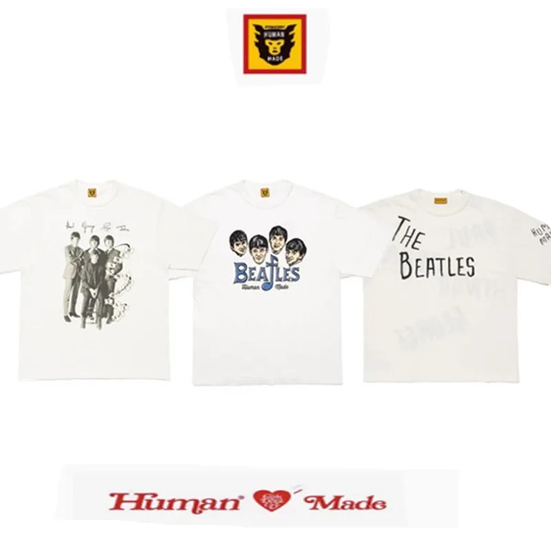 Human Made Style The Beatles Letter T-Shirt, Slub Cotton Casual Tee for Men Women