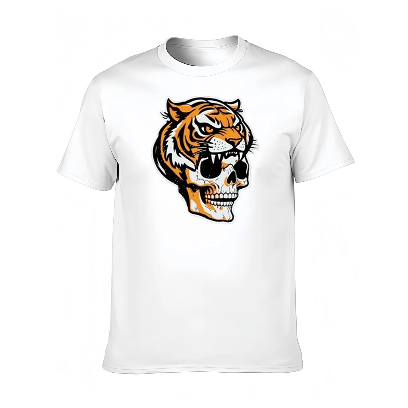 

Men's Cotton Tee With Fierce Tiger Skull Print, Soft Crew Neck Shirt For Outdoor, Christmas Gift