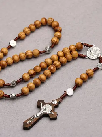 10MM Wood Beads Rosary Cross Necklace For Women Men Christian Virgin Mary INRI Pendant Chain Fashion Religion Jewelry