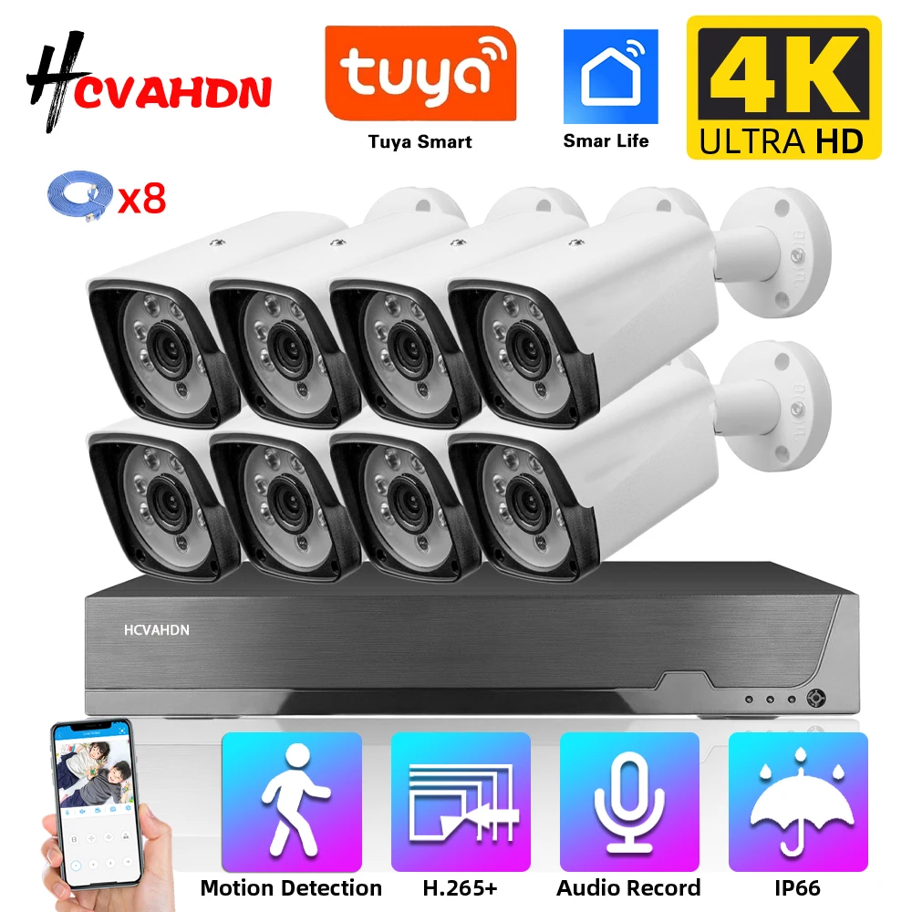 Tuya 4K POE NVR Kit 8CH Smart Life HD CCTV Camera Security System with 8MP IP Cameras Outdoor Audio Recording Video Surveillance