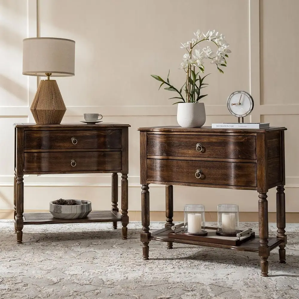 

Solid Wood Side Table with 2 Drawers, Open Shelf, Vintage Irish Style, Spindle Legs (Walnut, Set of 2)