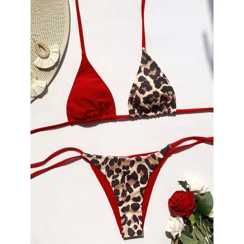 

Halter Splicing Leopard Bikinis Female Sexy Triangle Bandage Push Up Bikini Two-pieces Swimwear 2025 Vacation Swim Bathing Suit