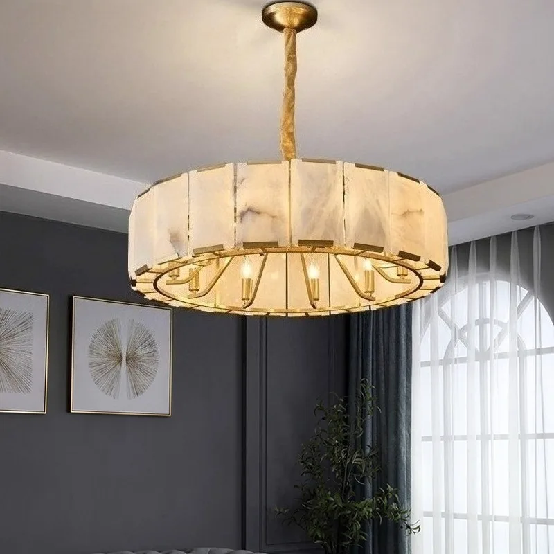 Round Alabaster Chandelier lights Luxury Brass copper Natural Marble Chandelier suspention light for Living Dining Room Bedroom