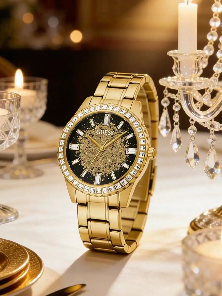 Reloj de Pulsera Elegante para Mujer GUESS, Bisel de Cristal Dorado, Esfera Brillante, Resistente al Agua, Reloj de Cuarzo, Esfera Brillante con Diseño de Estrellas, Regalo para Fiestas