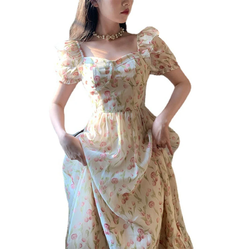 Summer new female long dress French senior Hepburn style design sense niche gentle floral dress son