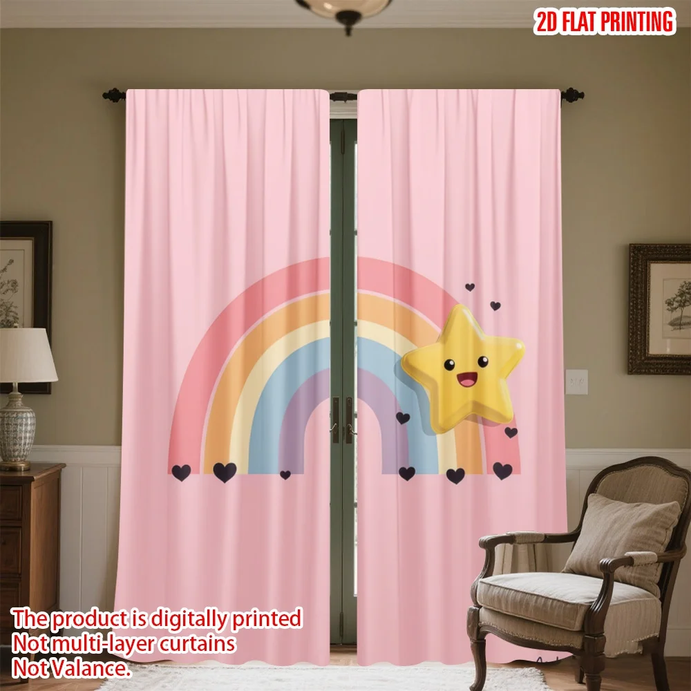 

2D flat printing 2pcs Scene Curtains Cute Rainbow and Star Digital Printed Polyester Drapes Family Party Decoration Perfect for