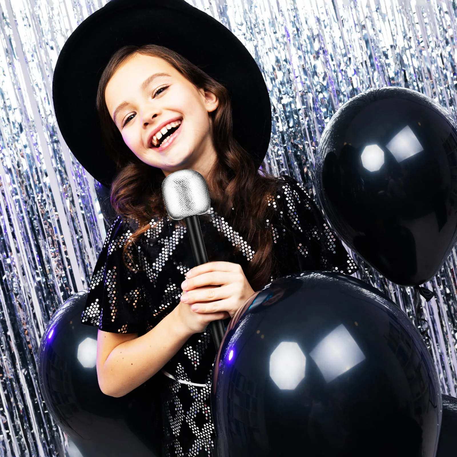 

4 pcs 4 Pretend Play Microphone Props Lightweight Silver Plastic Party Singing Kids Stage Photo Costume Accessories Fake Mic