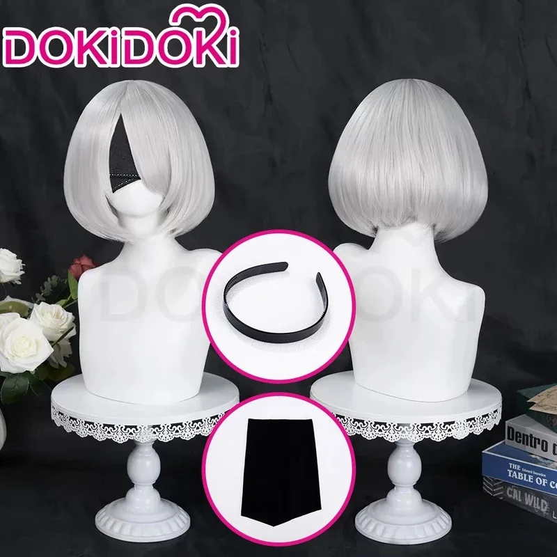 EM ESTOQUE 2B Peruca Jogo Cosplay Peruca DokiDoki YoRHaa No. 2 perucas tipo B femininas, cabelo curto branco, máscara para os olhos, faixa de cabelo, peruca grátis