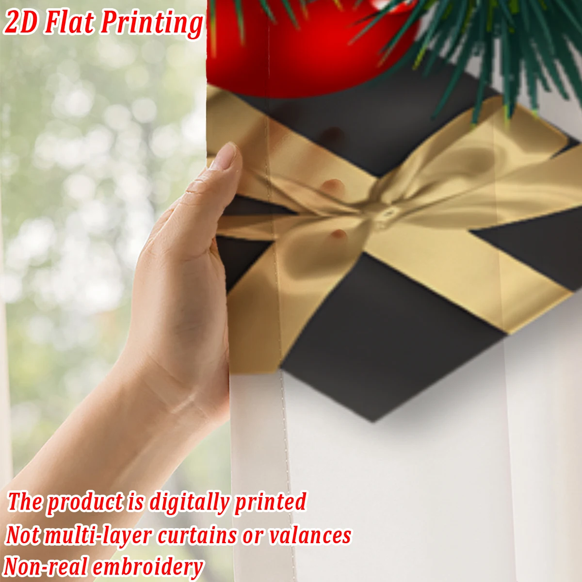 Christmas Flat Printing Kitchen Sheer Curtain with Merry Christmas Gift Box Pine Branch Ornament For Christmas Home Decor  Party