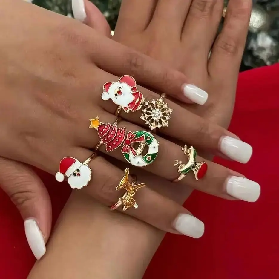 

Lacteo 7Pcs Women's Christmas Tree Snowflake Open Ring Set Adjustable Trendy Sweet Finger Rings New Year Jewelry Gift