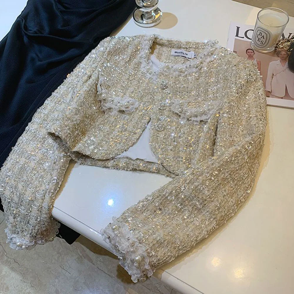 Korean Chic Vintage Tweed Jackets For Women Cropped Coat Elegant Office Lady Fashion Pearl Outerwear 2023 Autumn New Elegant Top