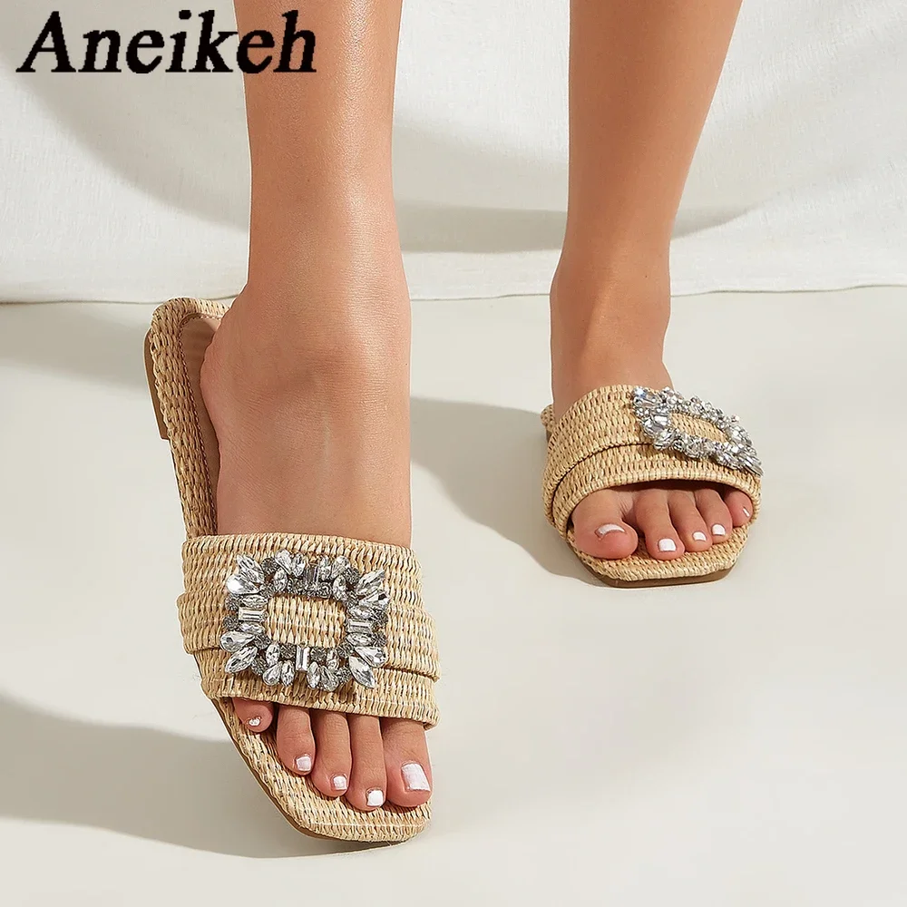 Aneikeh Summer Casual Fashion Square Headed Cane Knitted Flat Heels for Women Slippers Flat Bottom Crystal Sandals Beach Slides