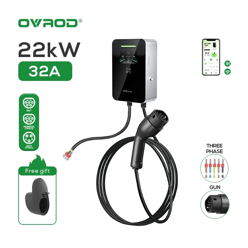 Ovrod 11kw 22kW Wallbox Fast Electric Vehicle Ev Charging Station with 5M Charging Type 2 Gun 4.3In Screen 32a 7 Kw Ev Charger