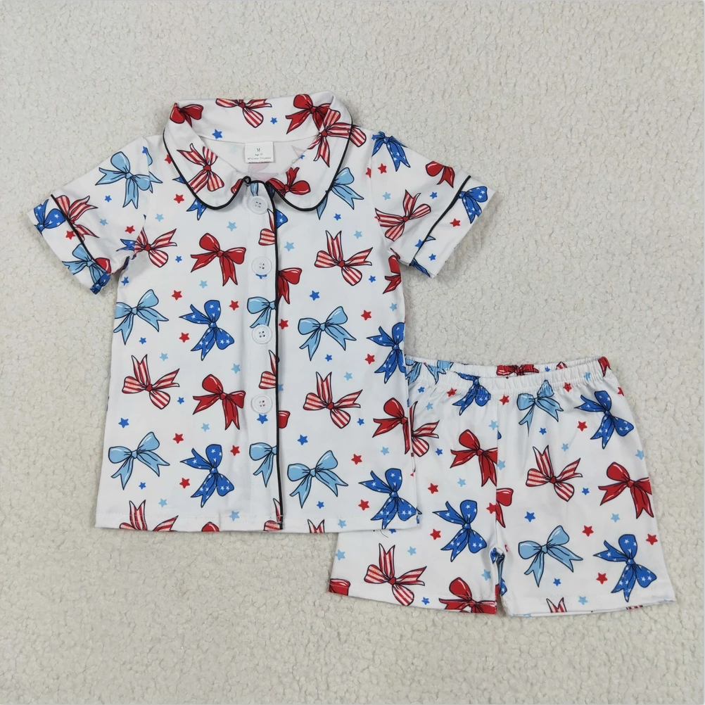

Boutique Kids Pajamas Baby Girls Top Blue Red Bows Button Top Short 4th Of July Boys Sleepwear Spring Boys Pajamas Clothes Set