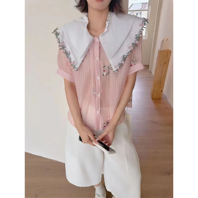 

Women's Striped Shirt Short Sleeve Large Collar Heavy Embroidery Flower Top Korean Style Loose Fit Breathable Skin-Friendly