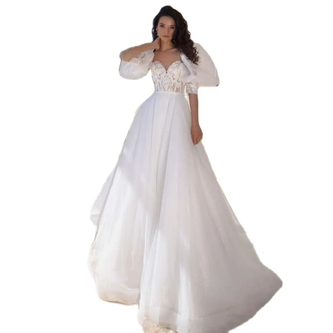 Элегантное пляжное пышное свадебное платье трапециевидной формы с рукавами-фонариками, свадебные платья длиной до пола, платья больших размеров на заказ